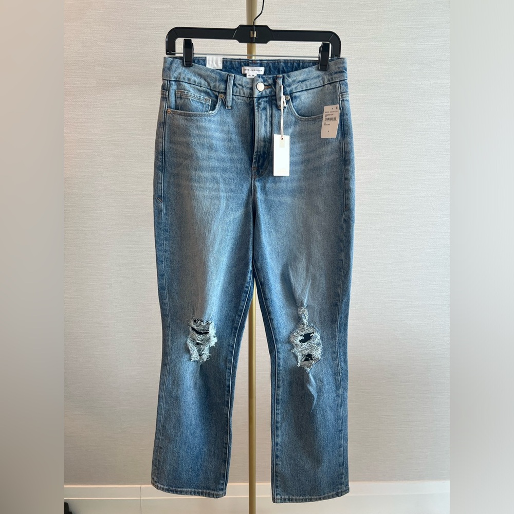 NWT Good American Women's Distressed Good Boy High Waist Straight Jeans Sz 6 /28